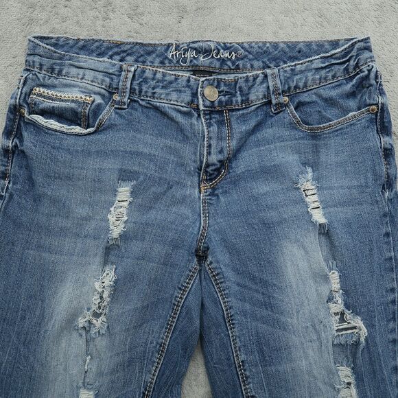 Ariya Jeans Womens Size 13/14 Blue Low-Rise Straight Denim 27.5"Inseam Destroyed - Picture 10 of 14